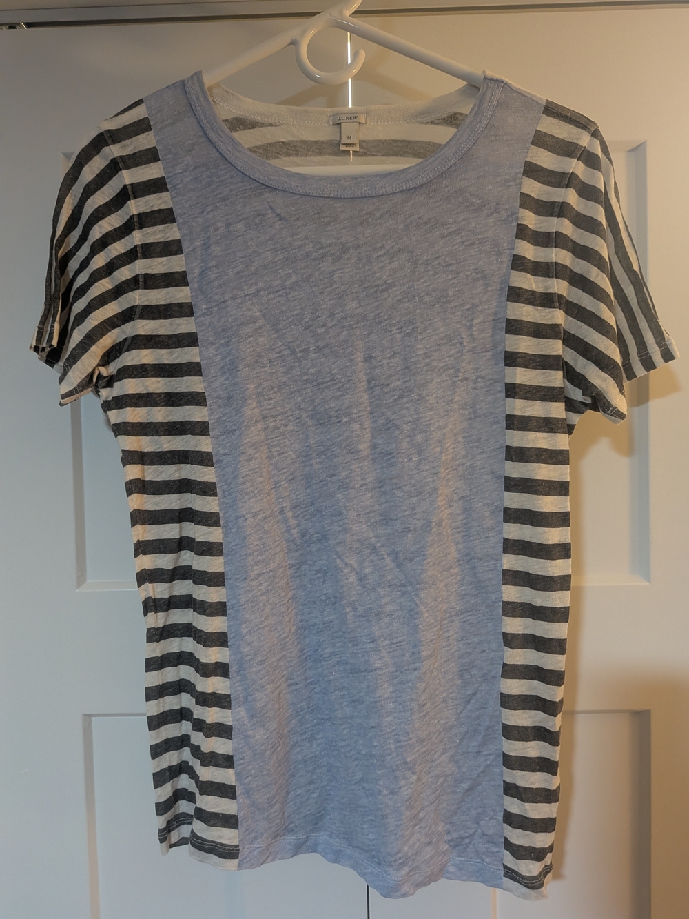 J. Crew 100% Linen T-Shirt Size M Blue With Grey Stripes, Semi Sheer Lightweight